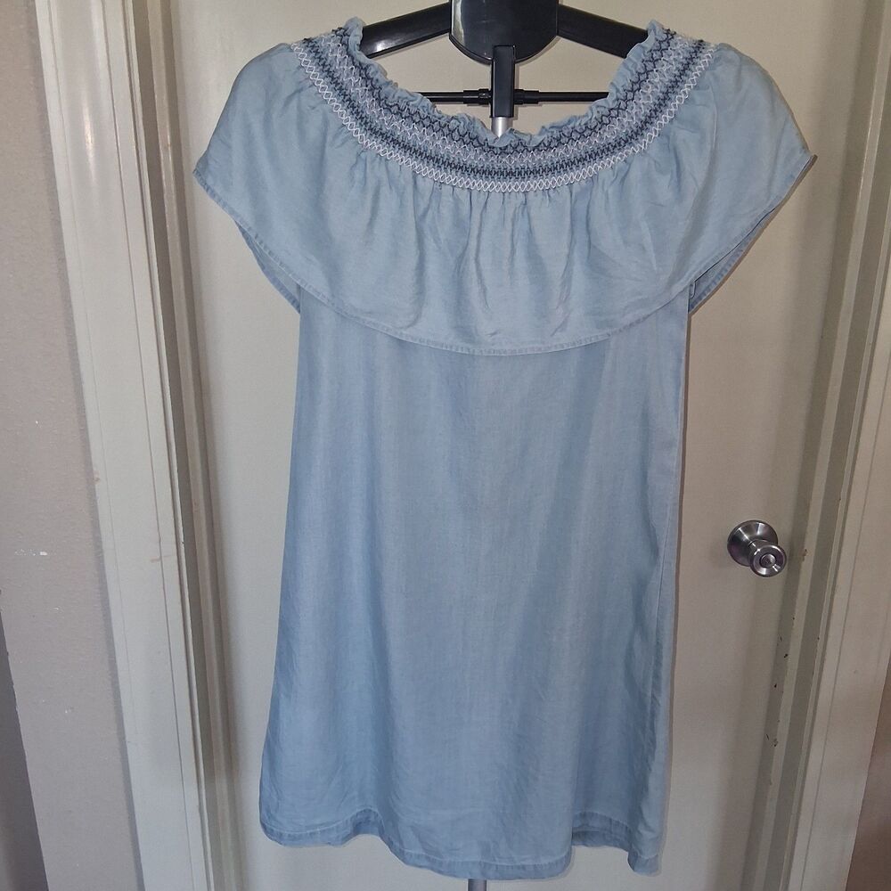 Cache Cache Blue Chambray Off Shoulder Smocked Ruffle Mini Shift Dress Euro 36/4 - Picture 6 of 11